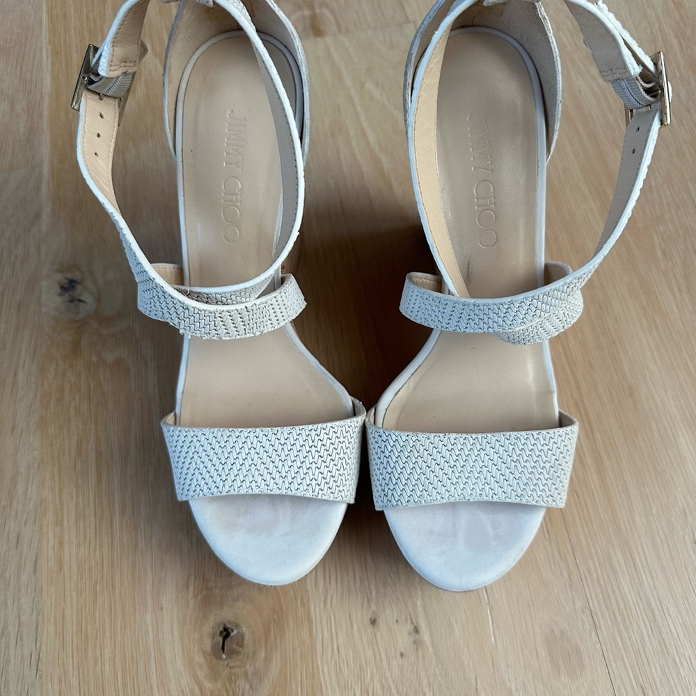 Women’s | Jimmy Choo sandals. Portia 120 woven leather wedge sandal, white. - Picture 7 of 11